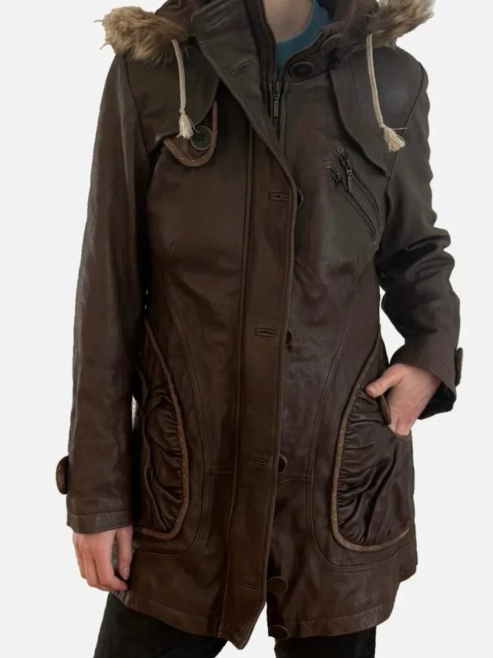 Genuine Leather Vintage CMM Canada Jacket Coat Zip Up Hood Pocket Grunge S